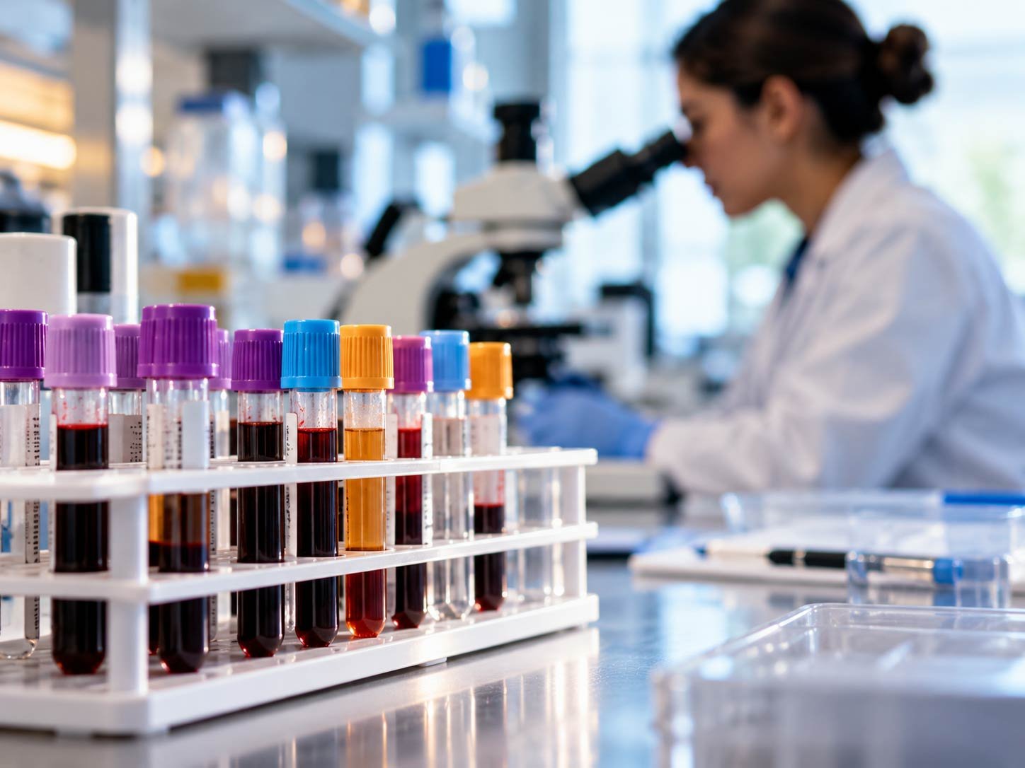 Blood test vials in a laboratory rack