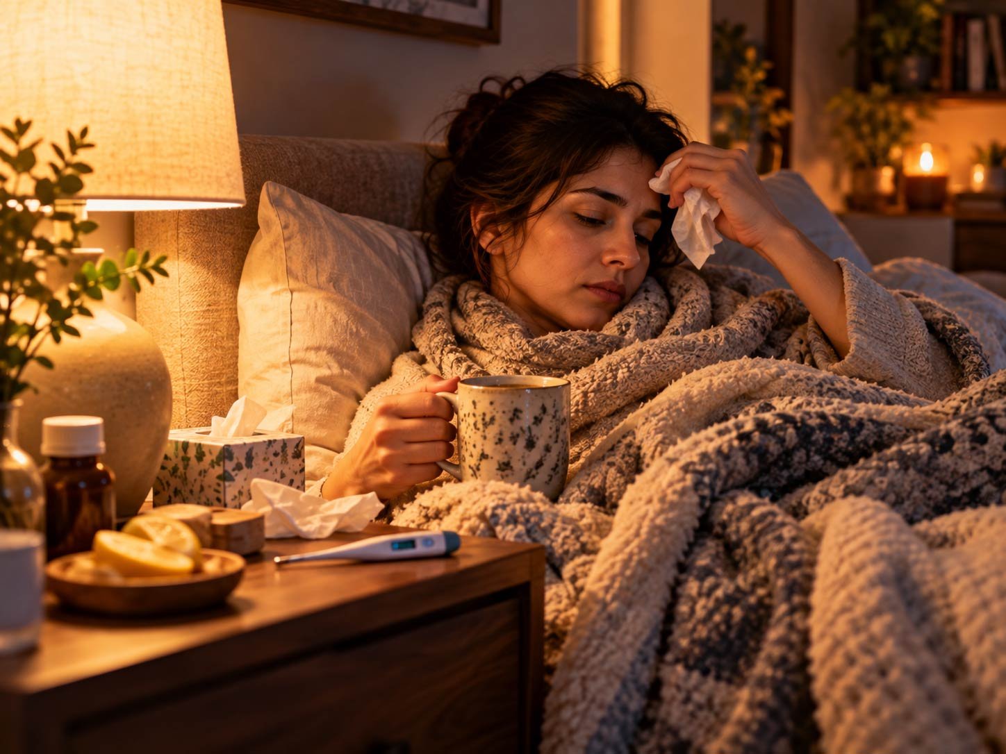 A person resting under a blanket with tea and a thermometer on the nightstand