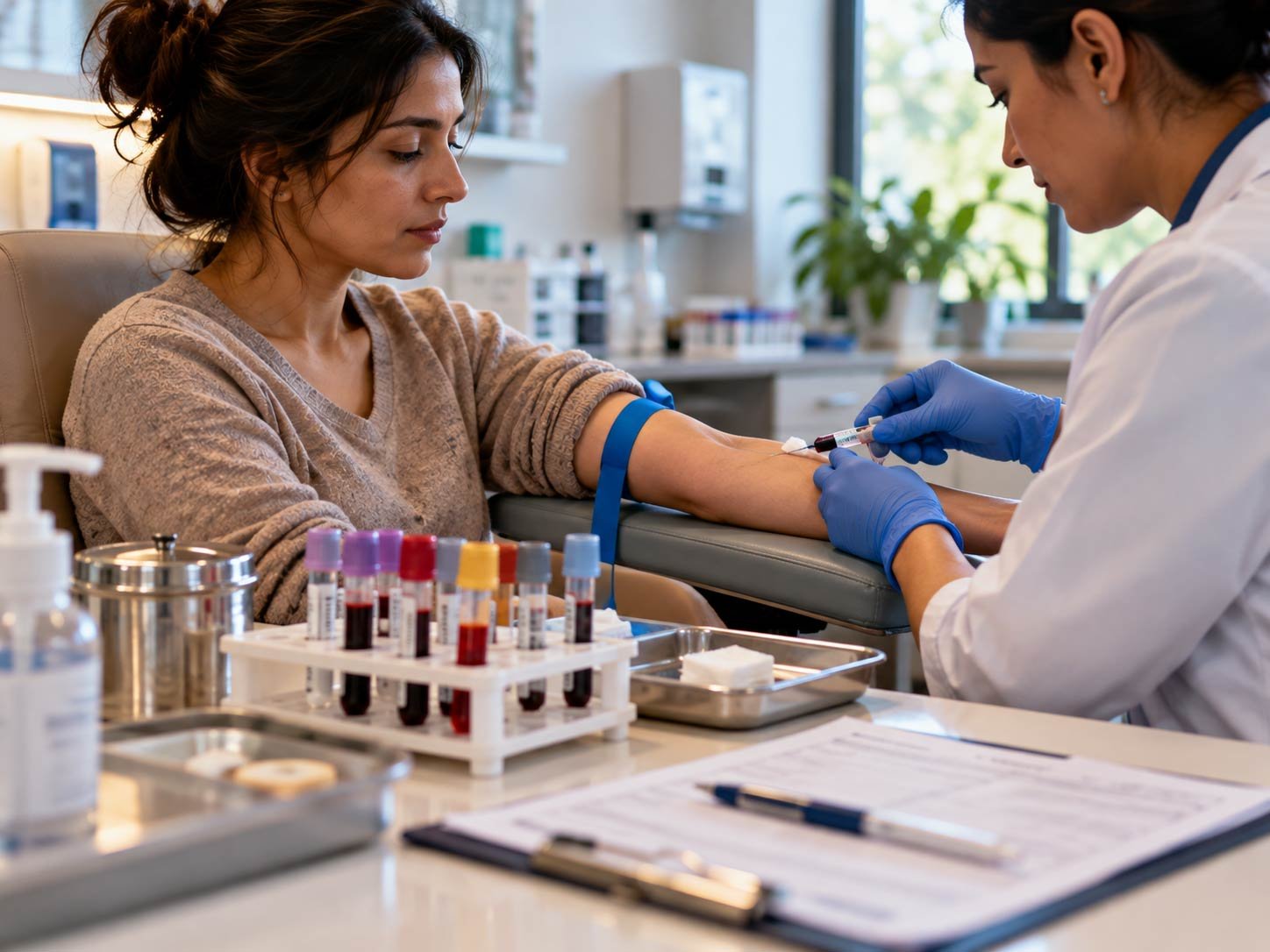 A blood draw with vials and a lab requisition