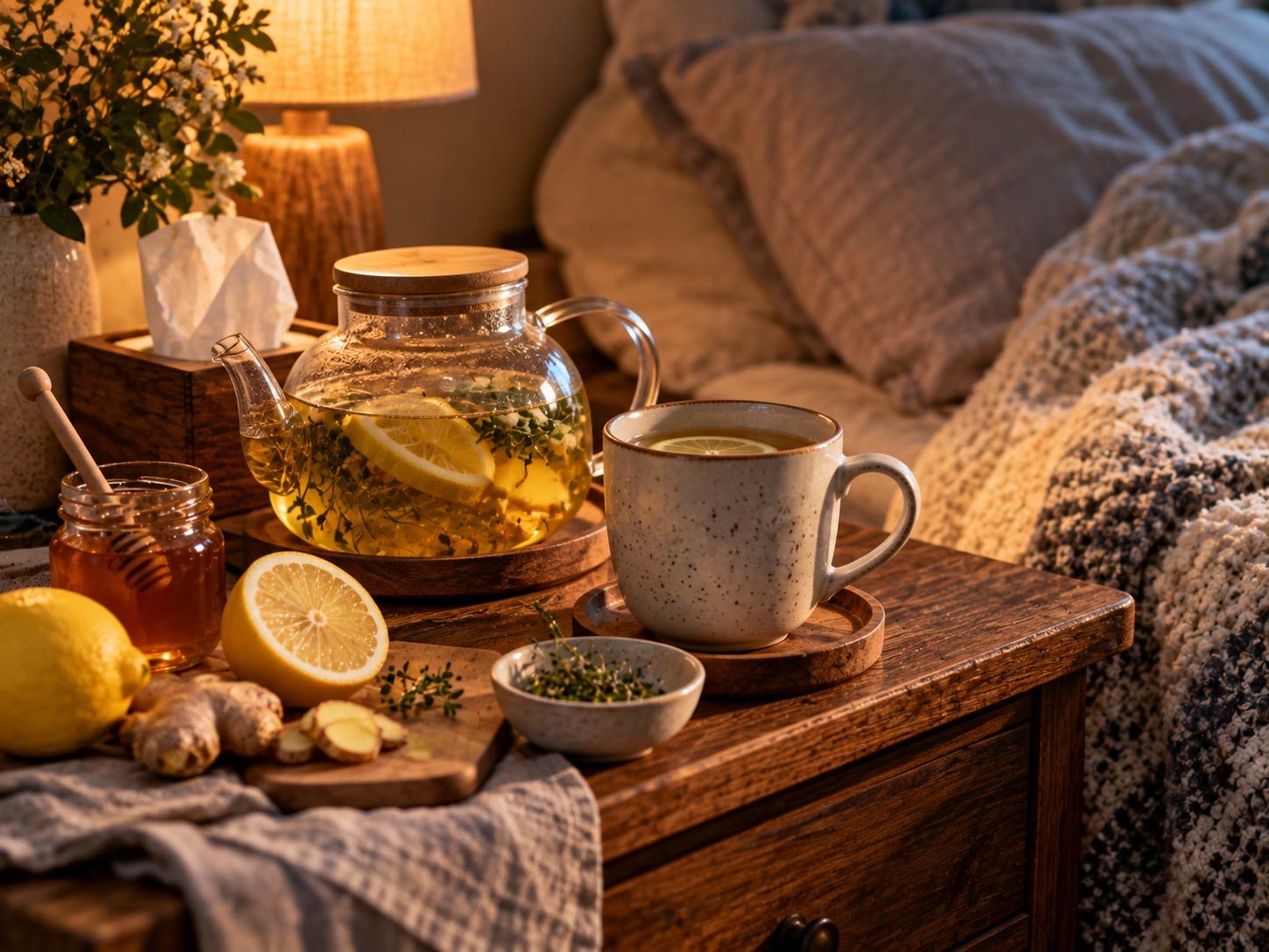A teapot, honey, and lemon on a bedside table