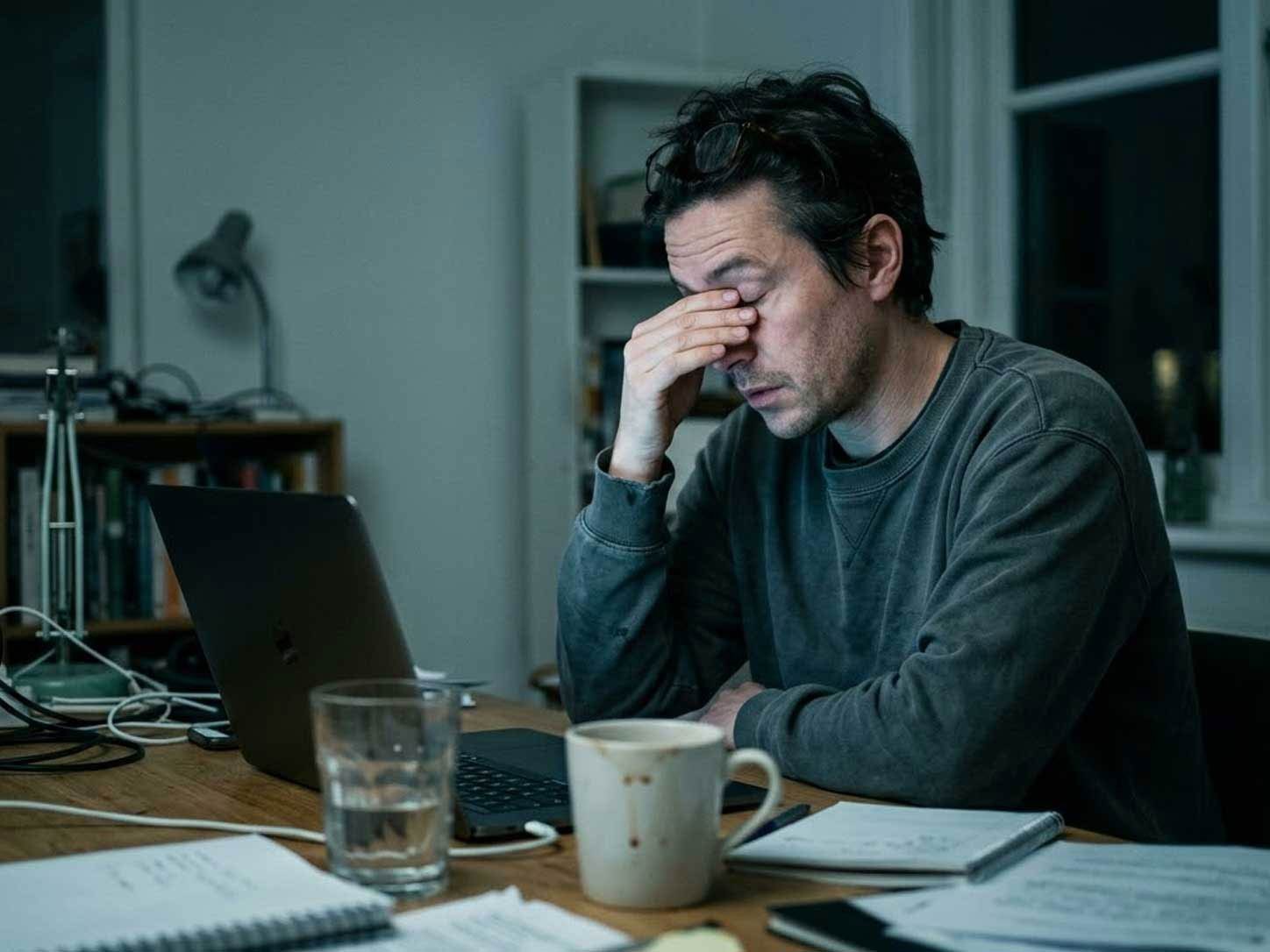 A late-night desk with an empty coffee cup and glowing screen