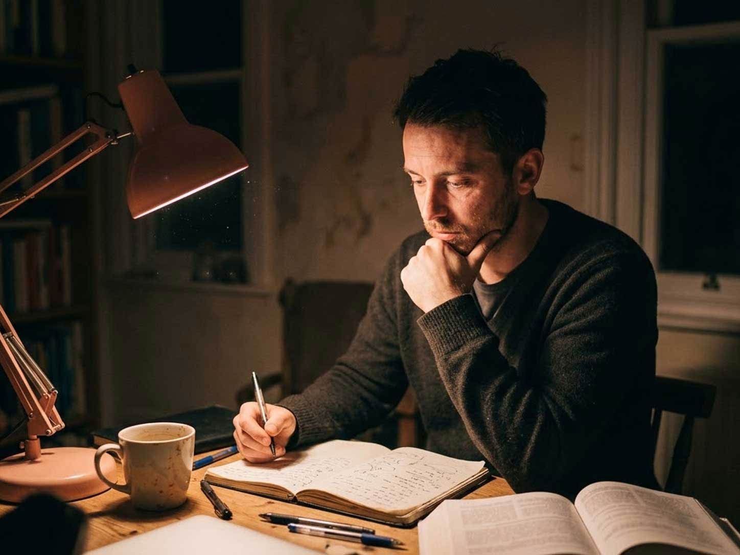 A person in deep work at a single warm desk lamp
