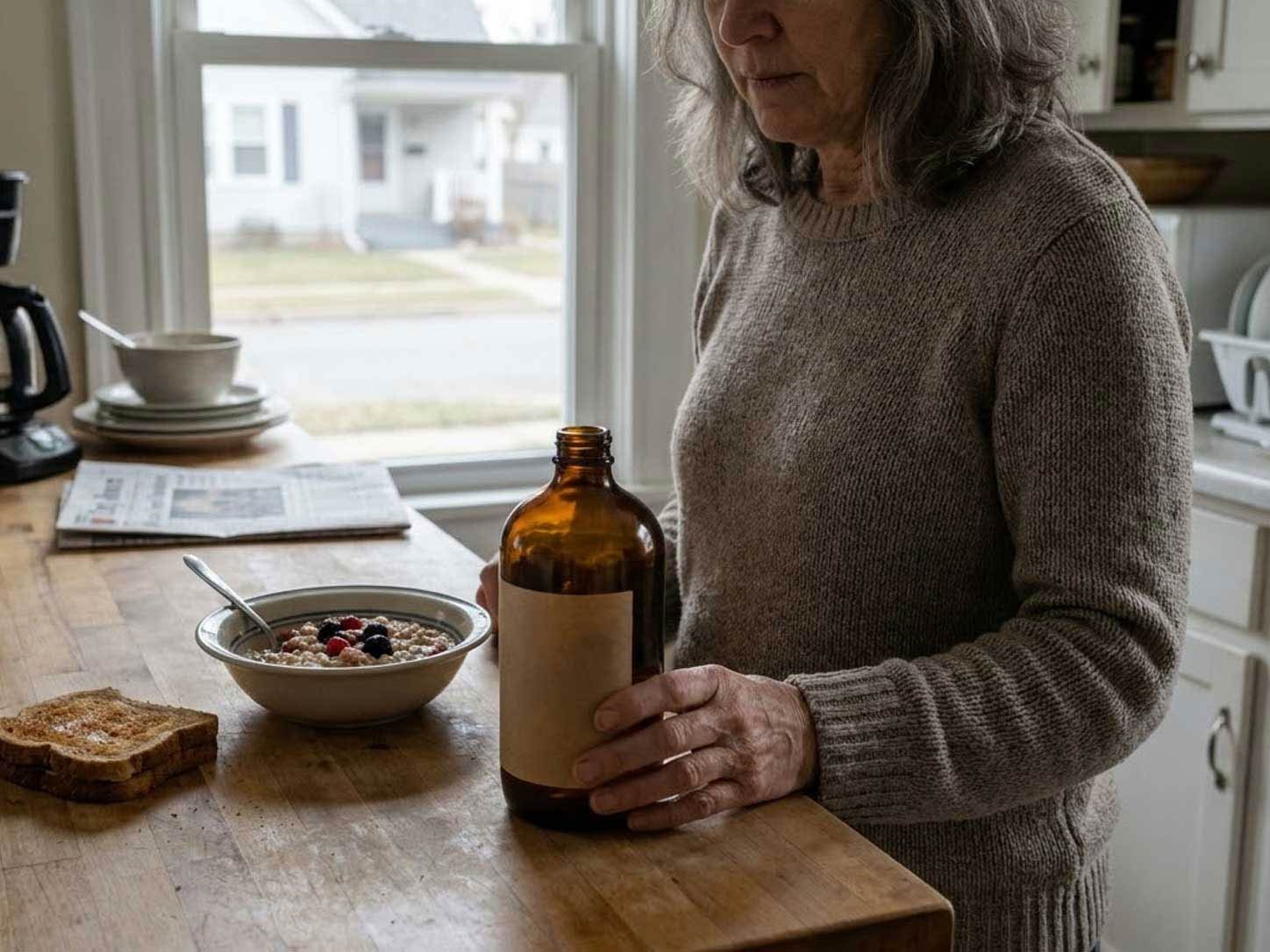 One supplement bottle beside an ordinary breakfast