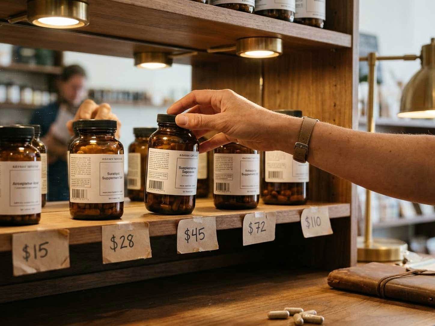 A supplement-store shelf wall with many bottles of the same nutrient