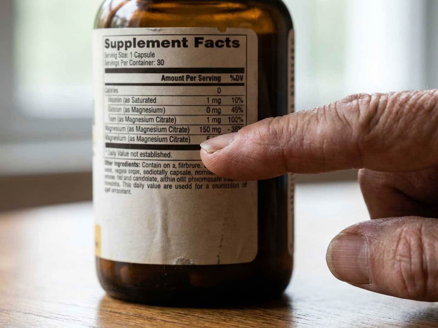 A close-up of a supplement facts panel with a finger on the elemental line