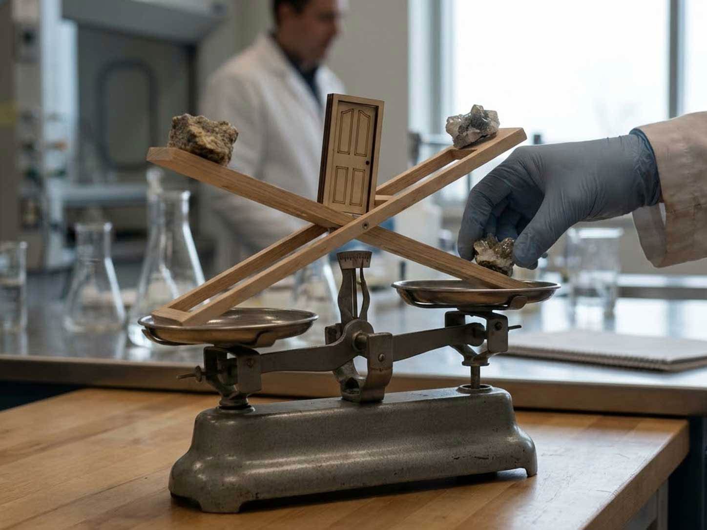 A laboratory balance with two mineral specimens