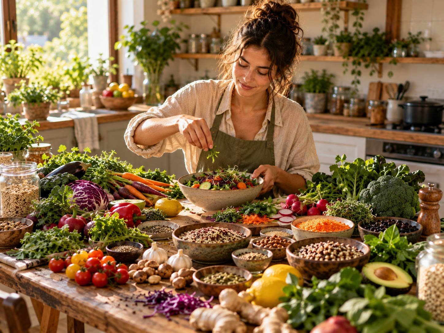 A diverse table of vegetables, plants, grains, and legumes