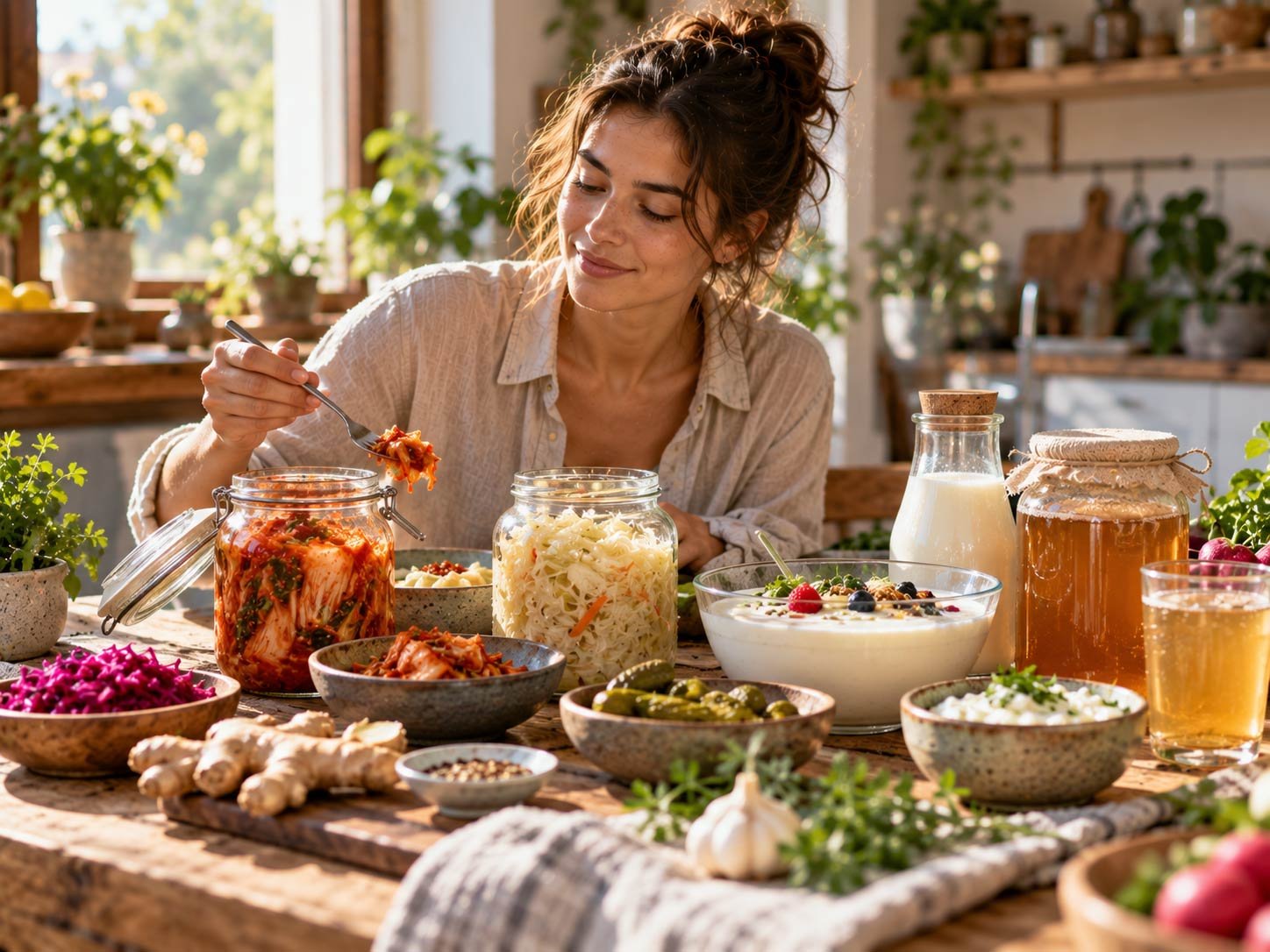 An editorial spread of kimchi, yogurt, kefir, and sauerkraut