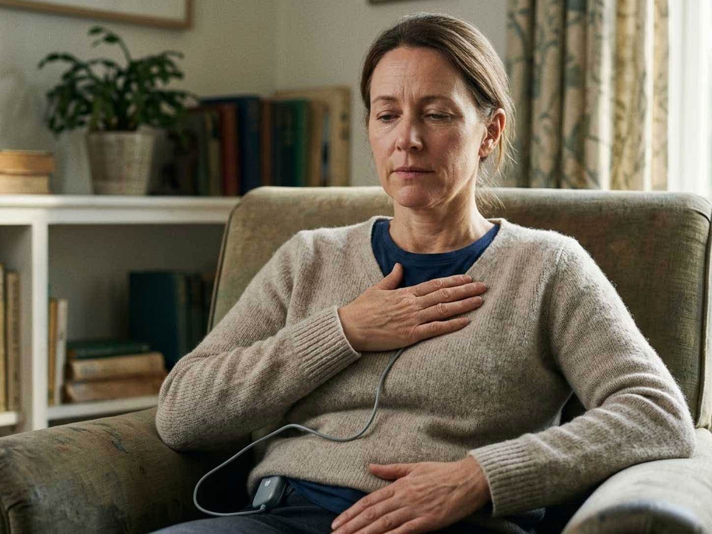 A person breathing slowly with a hand on the chest