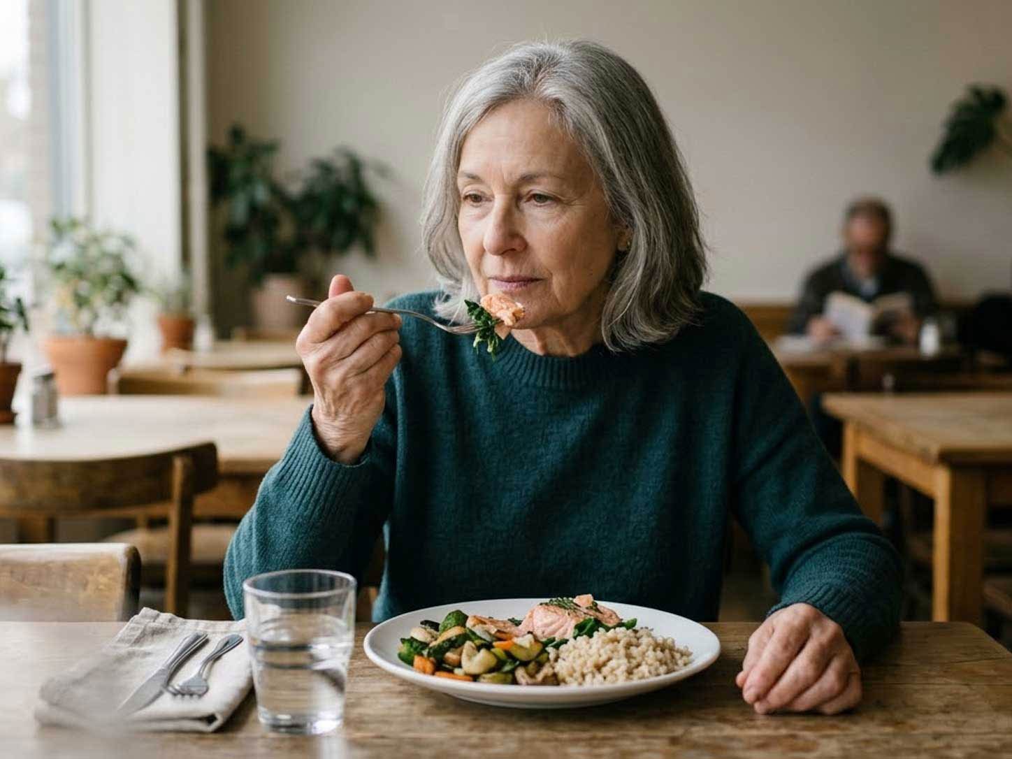 A calm, unhurried solo meal in soft light