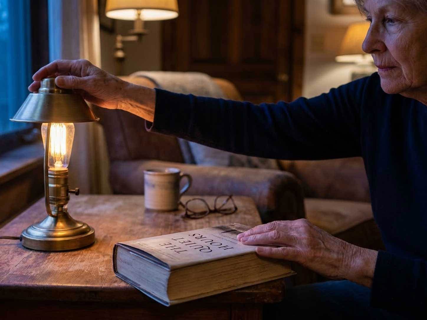 A dim evening scene with a lamp being switched off