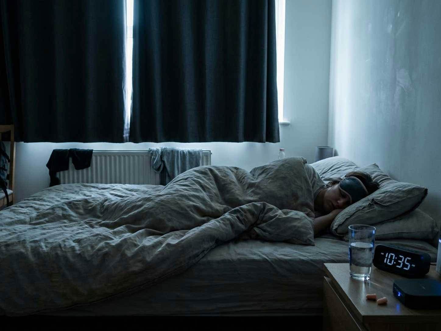 A dark, cool bedroom with blackout curtains