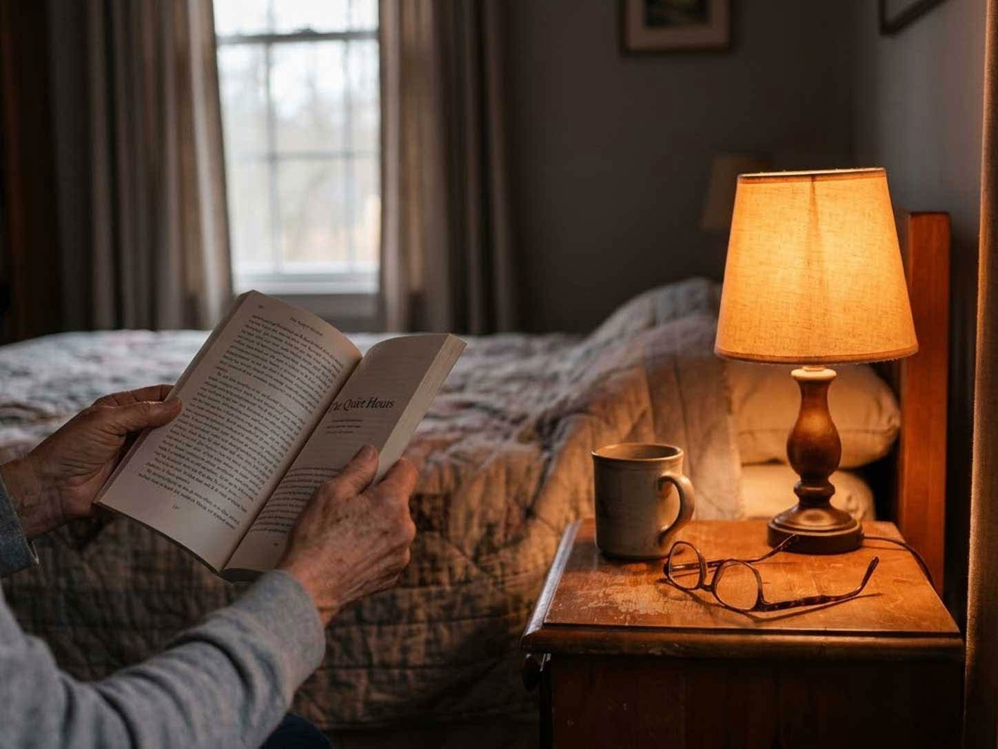 A calm bedside scene with a book and dim amber lamp