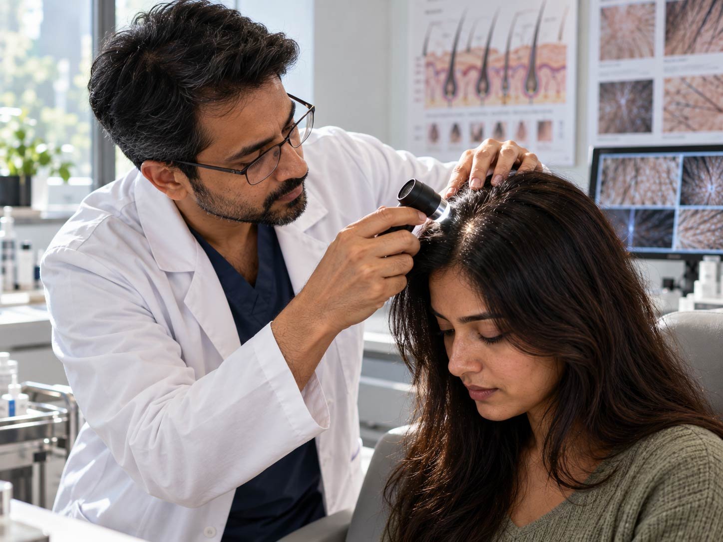 A dermatologist examining a patient's scalp