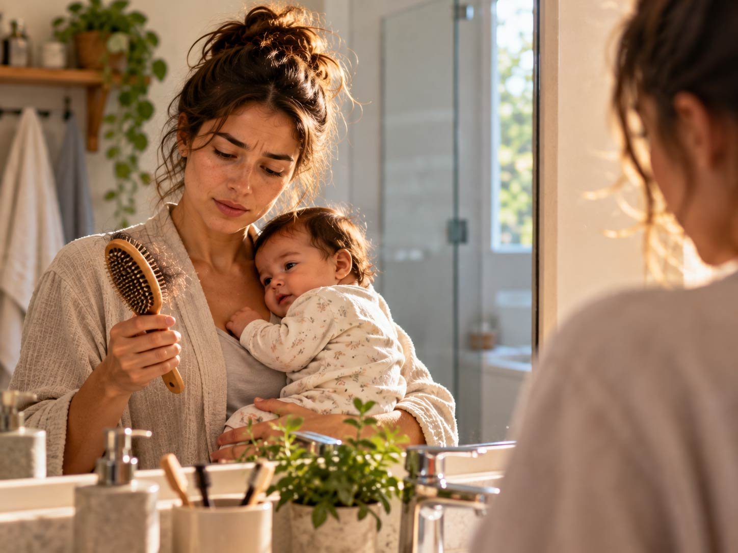 A new mother at a mirror with a hairbrush