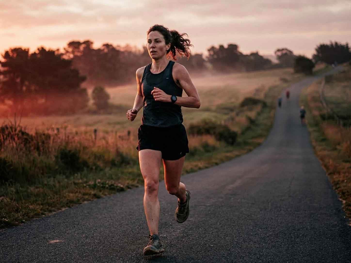 A runner at dawn in warm crimson light