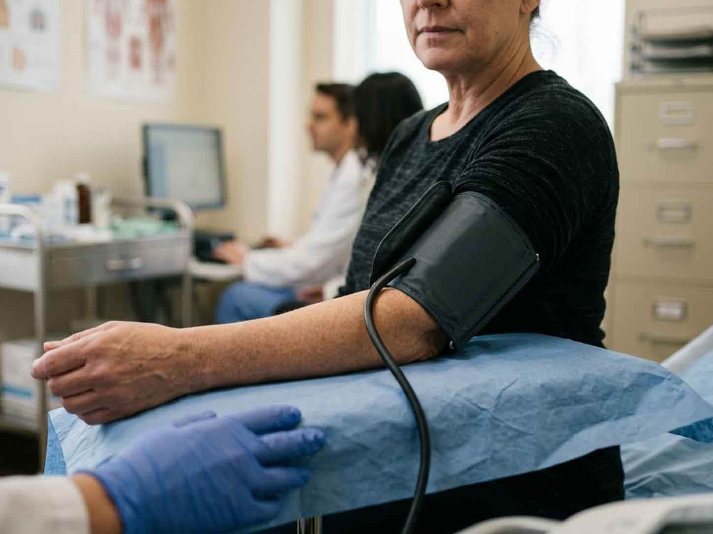 A blood-pressure cuff on an arm in a clinic