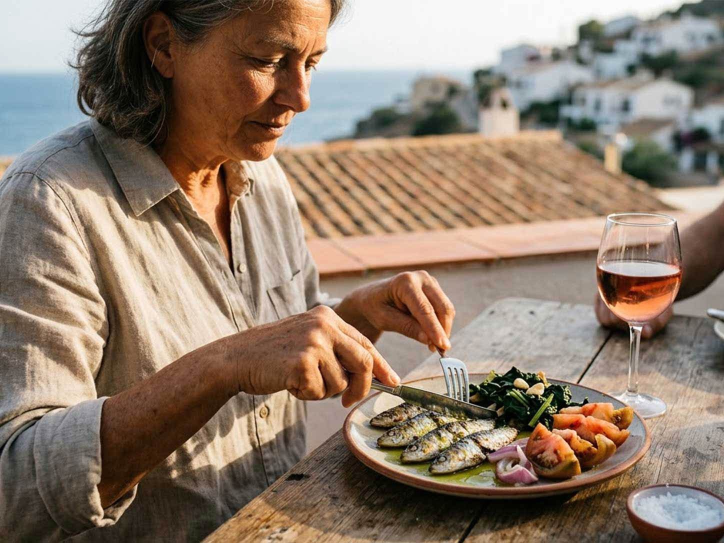 A Mediterranean plate — fish, greens, olive oil