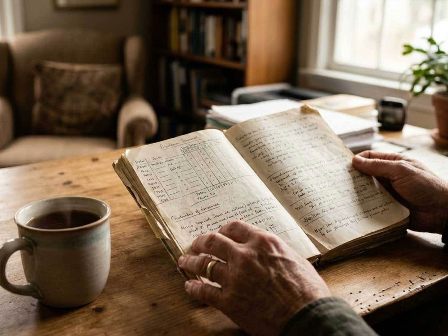 A period-tracking journal open beside a warm drink