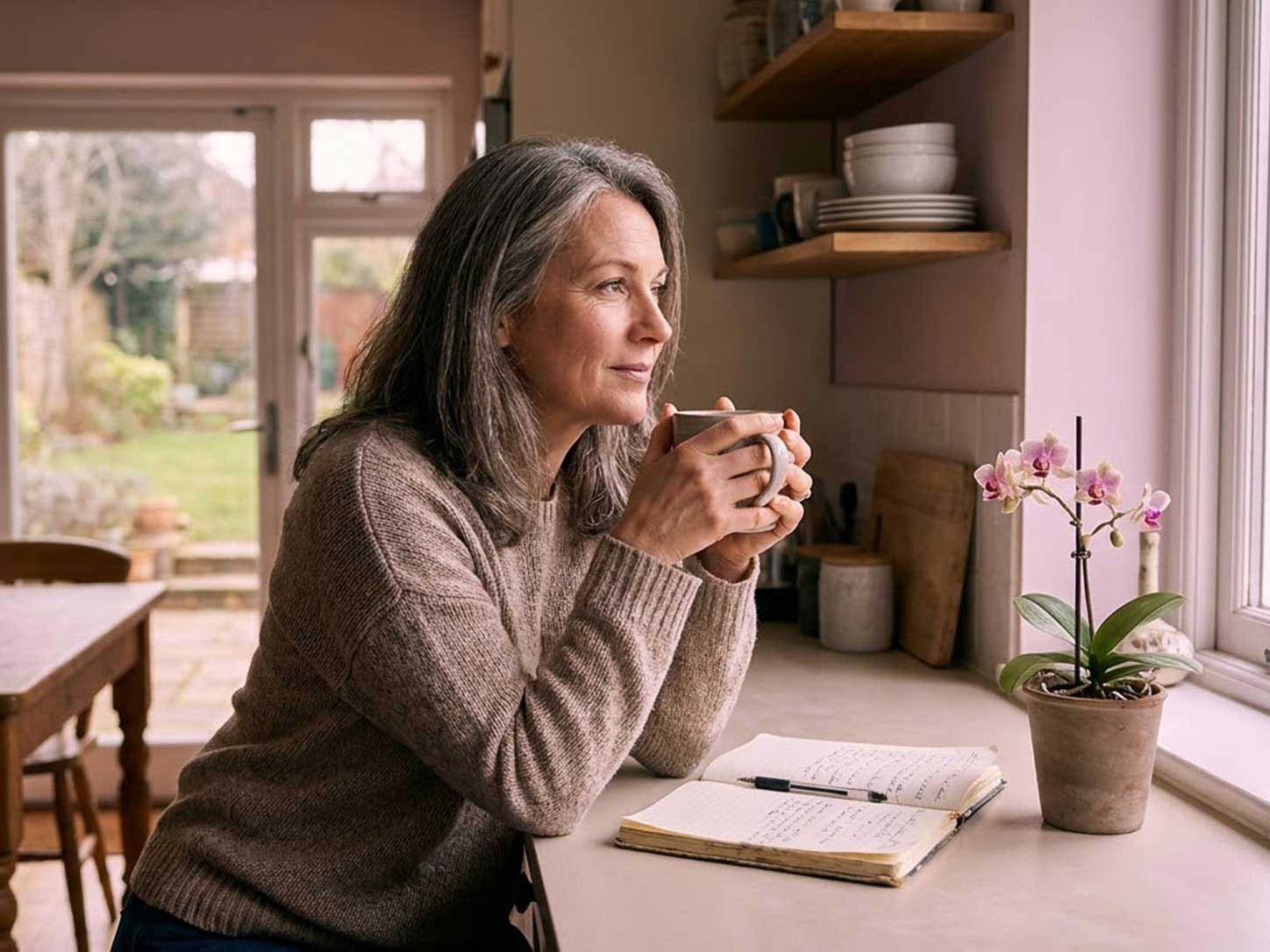 A woman in her mid-40s at a bright kitchen window in the morning