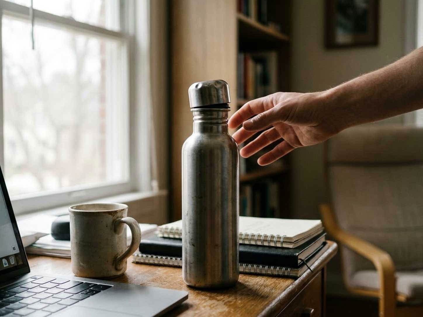 An ordinary reusable water bottle beside a work desk