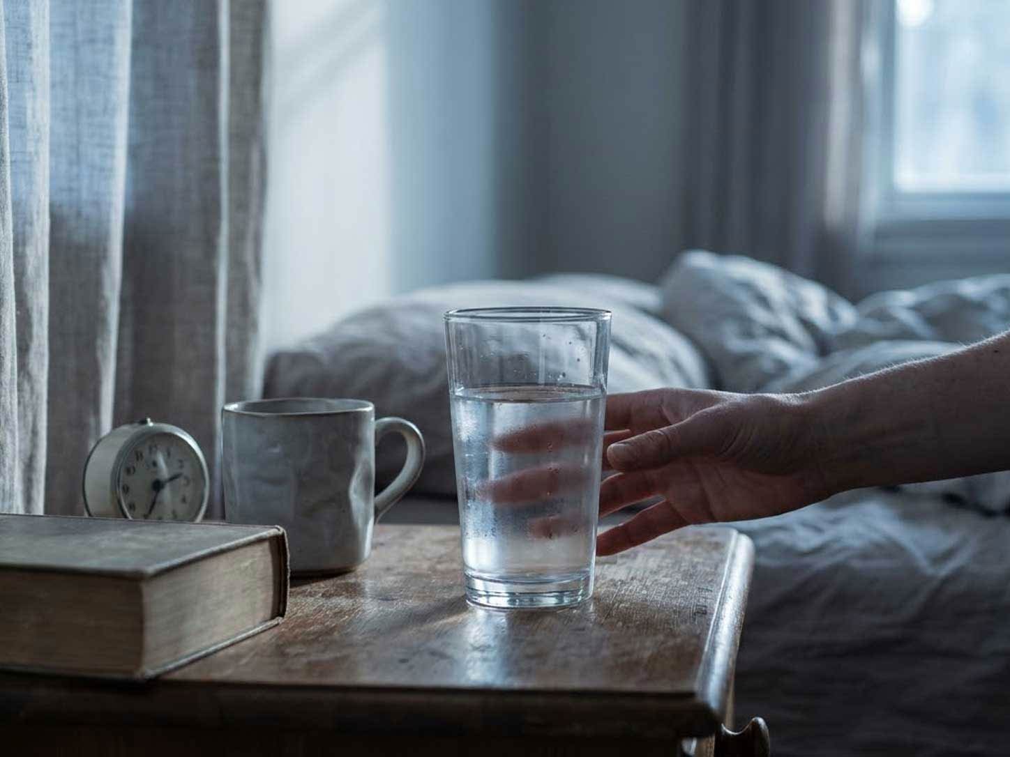 A glass of water on a morning bedside table in soft daylight