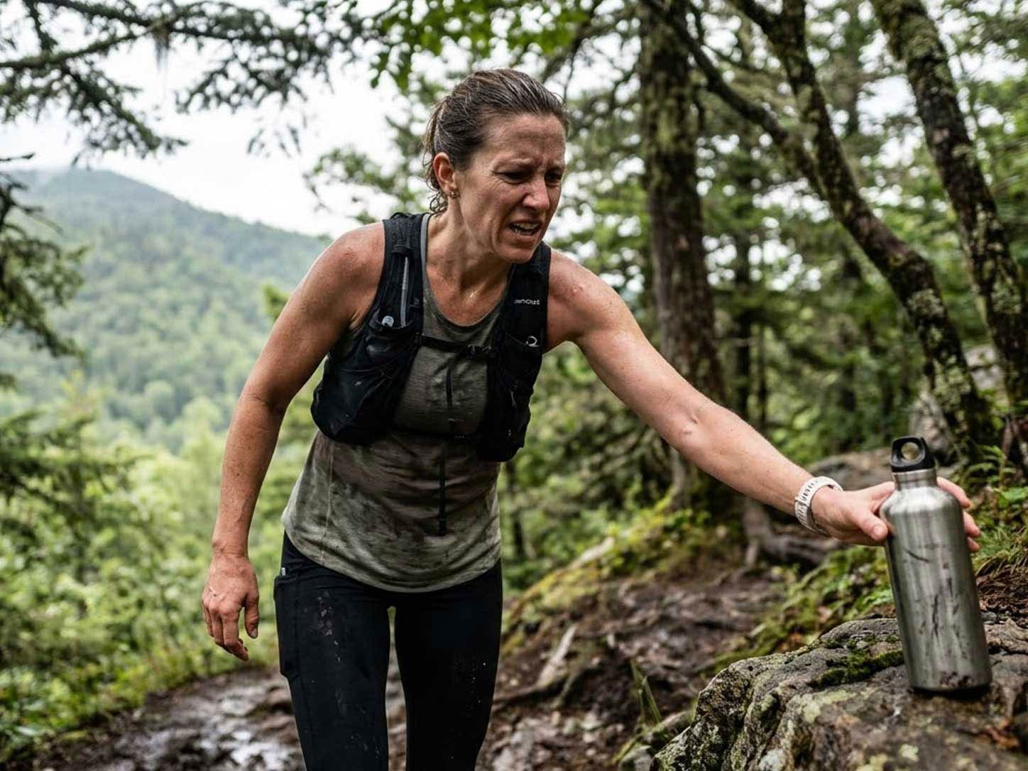 An athlete mid-effort with sweat visible and a water bottle nearby