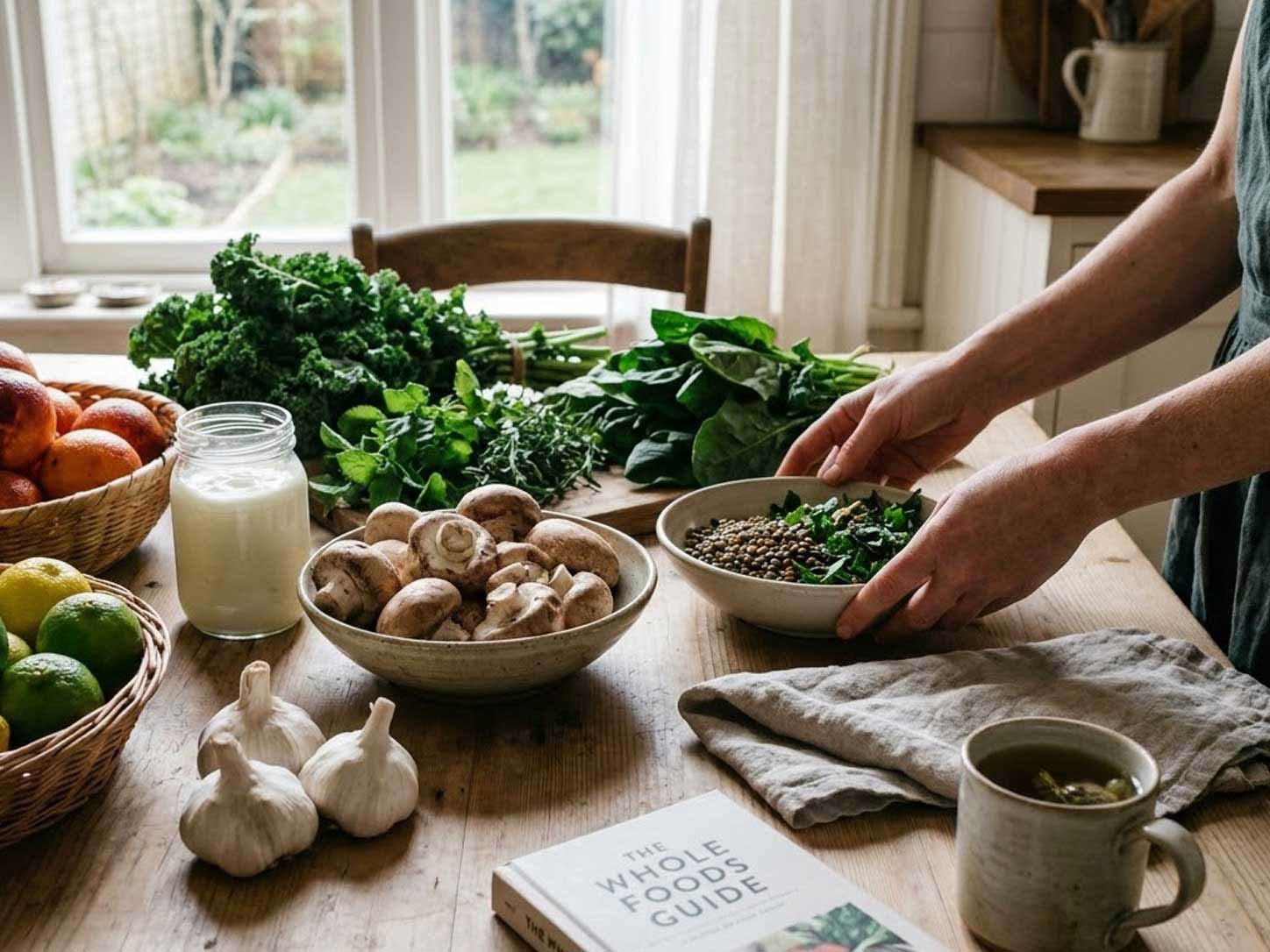 A colorful whole-foods table with citrus, garlic, mushrooms, and greens