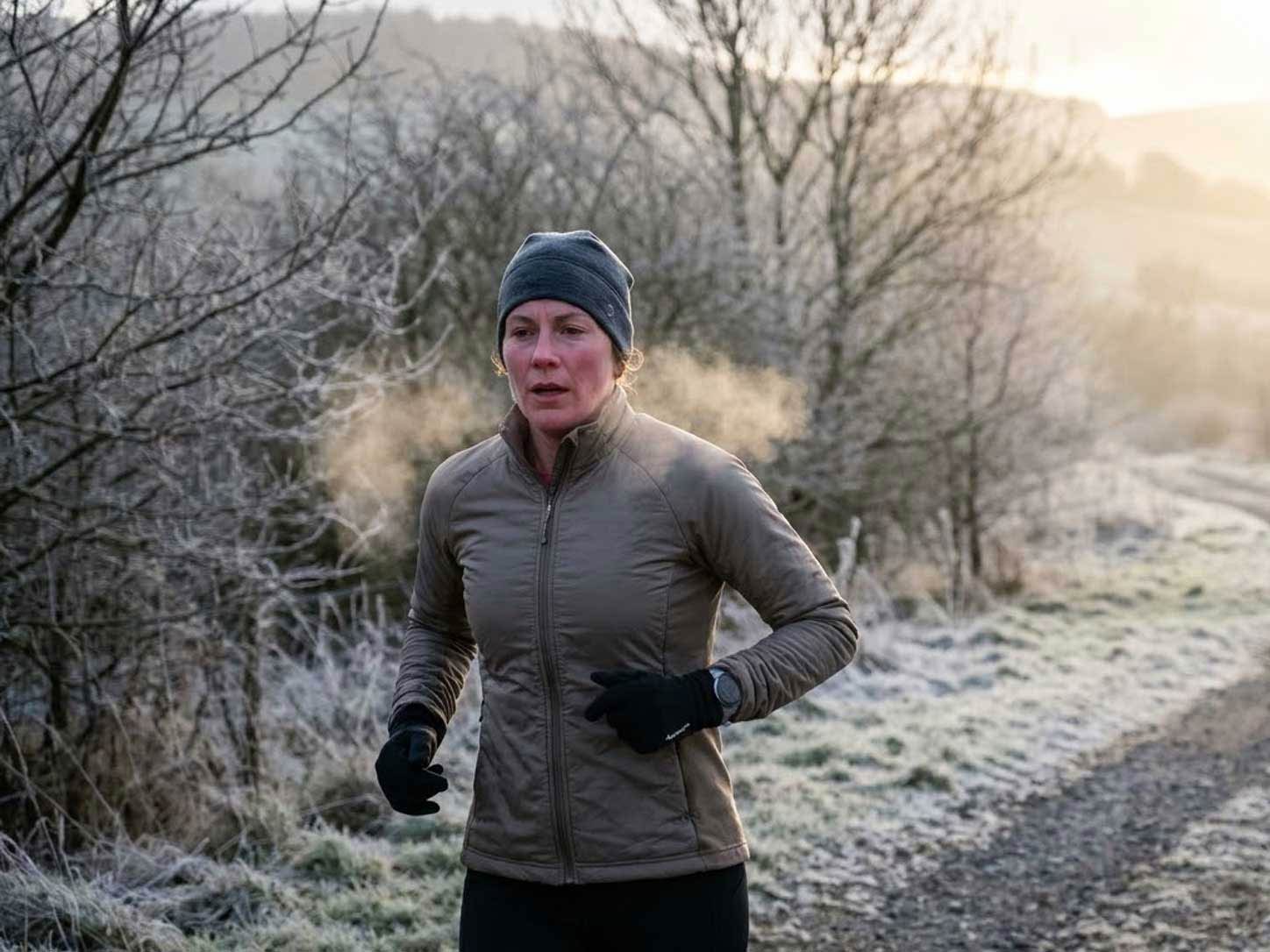 A runner in cold morning air, breath visible