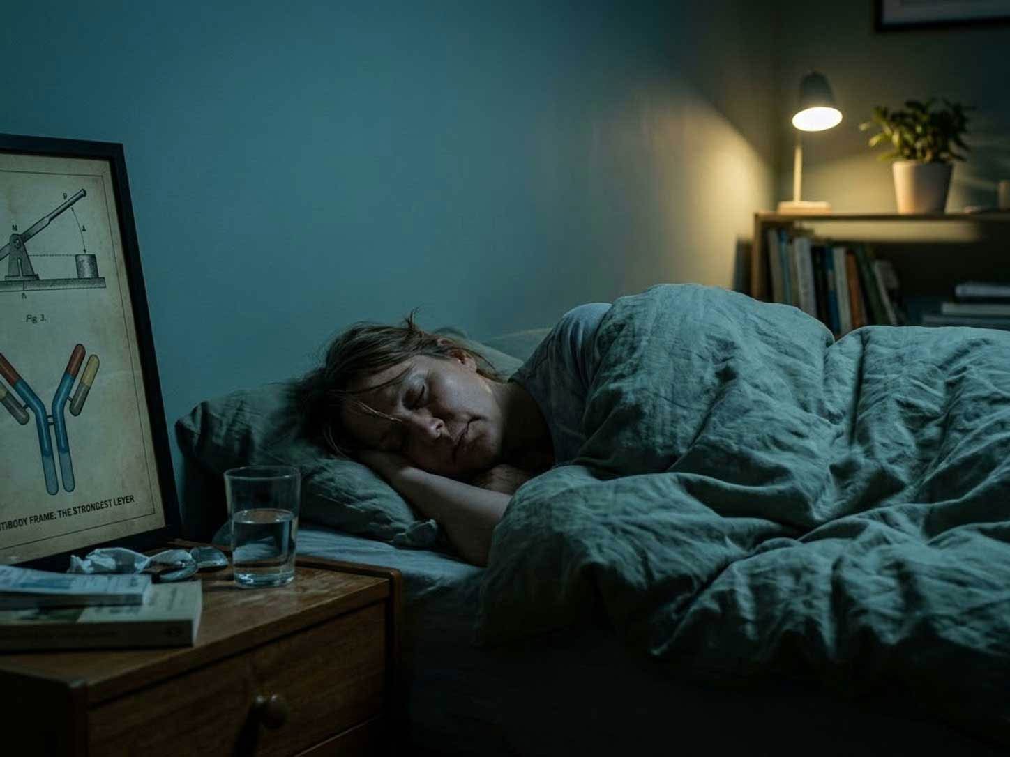 A person asleep in a dark, cool room