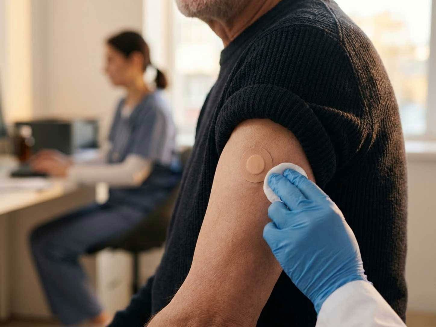 A small bandage on an upper arm in warm light