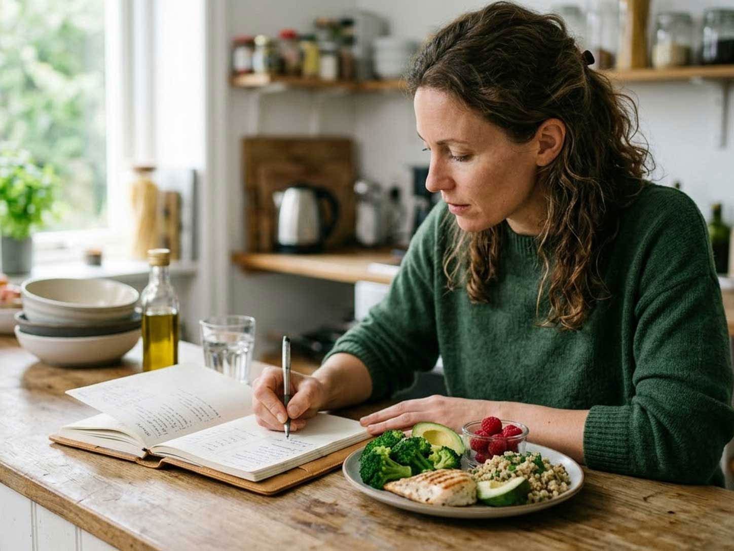 A structured food diary beside portioned whole foods