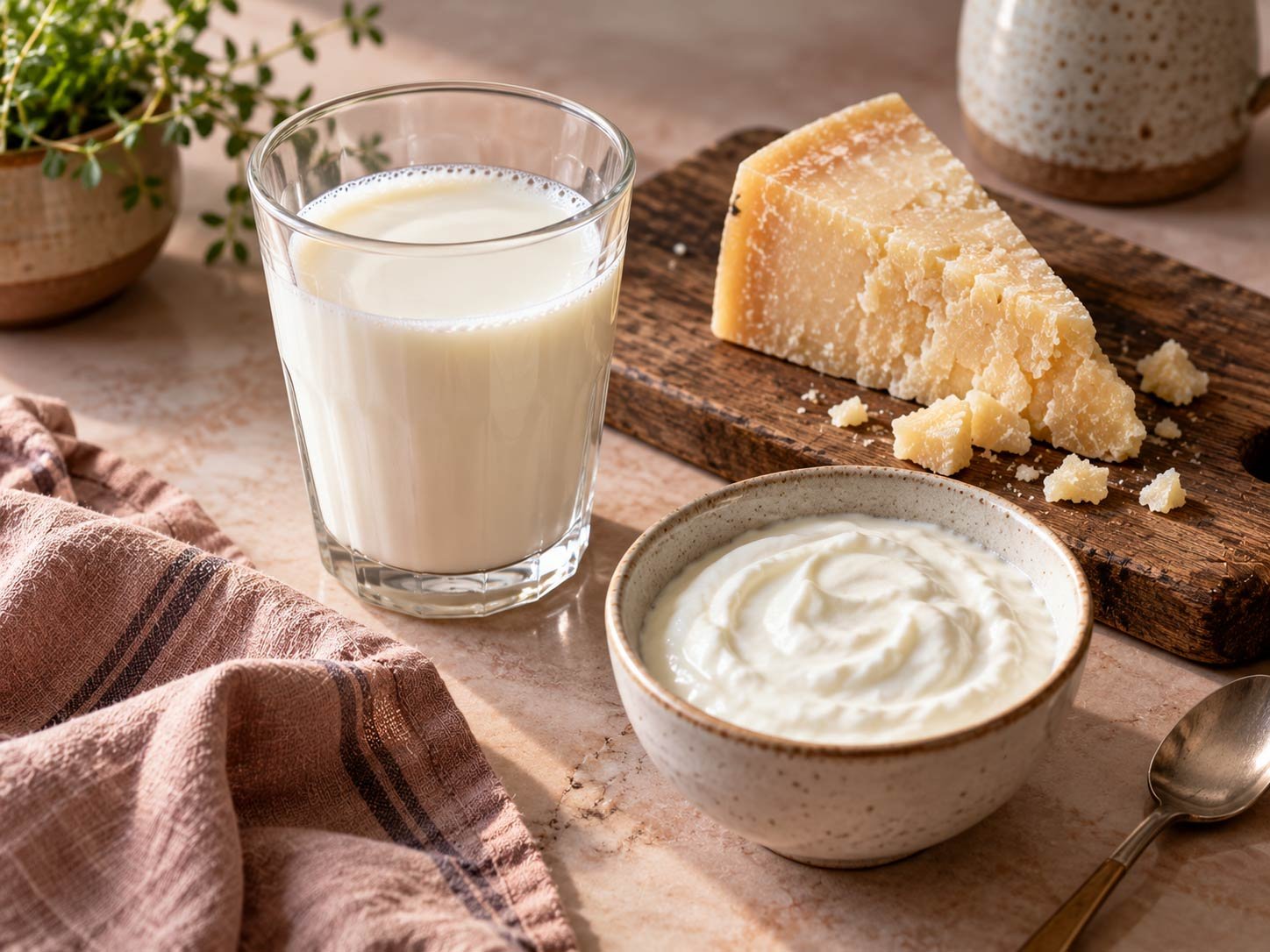 A glass of milk, hard cheese, and yogurt on one table
