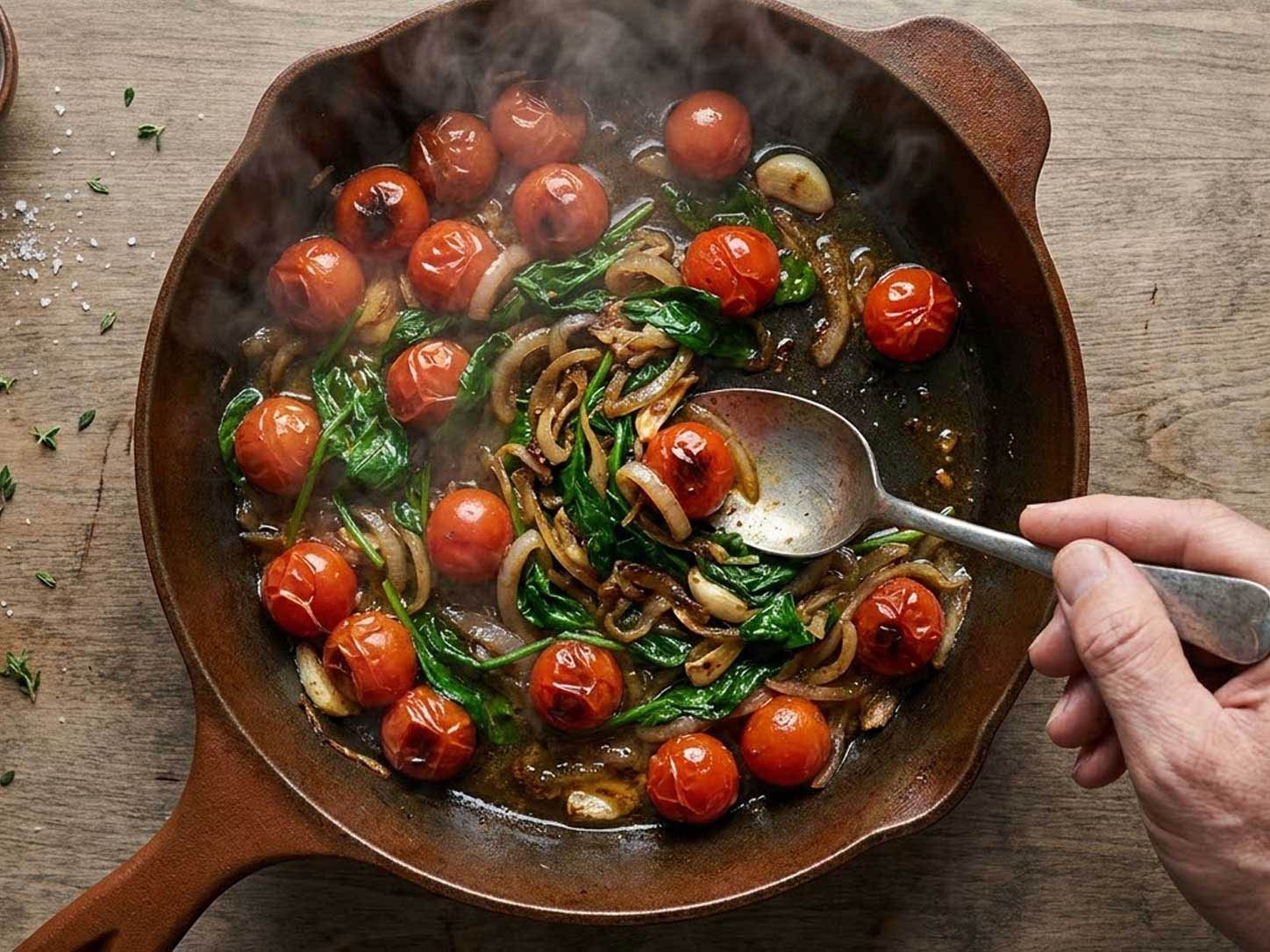 A cast-iron skillet with tomatoes and greens