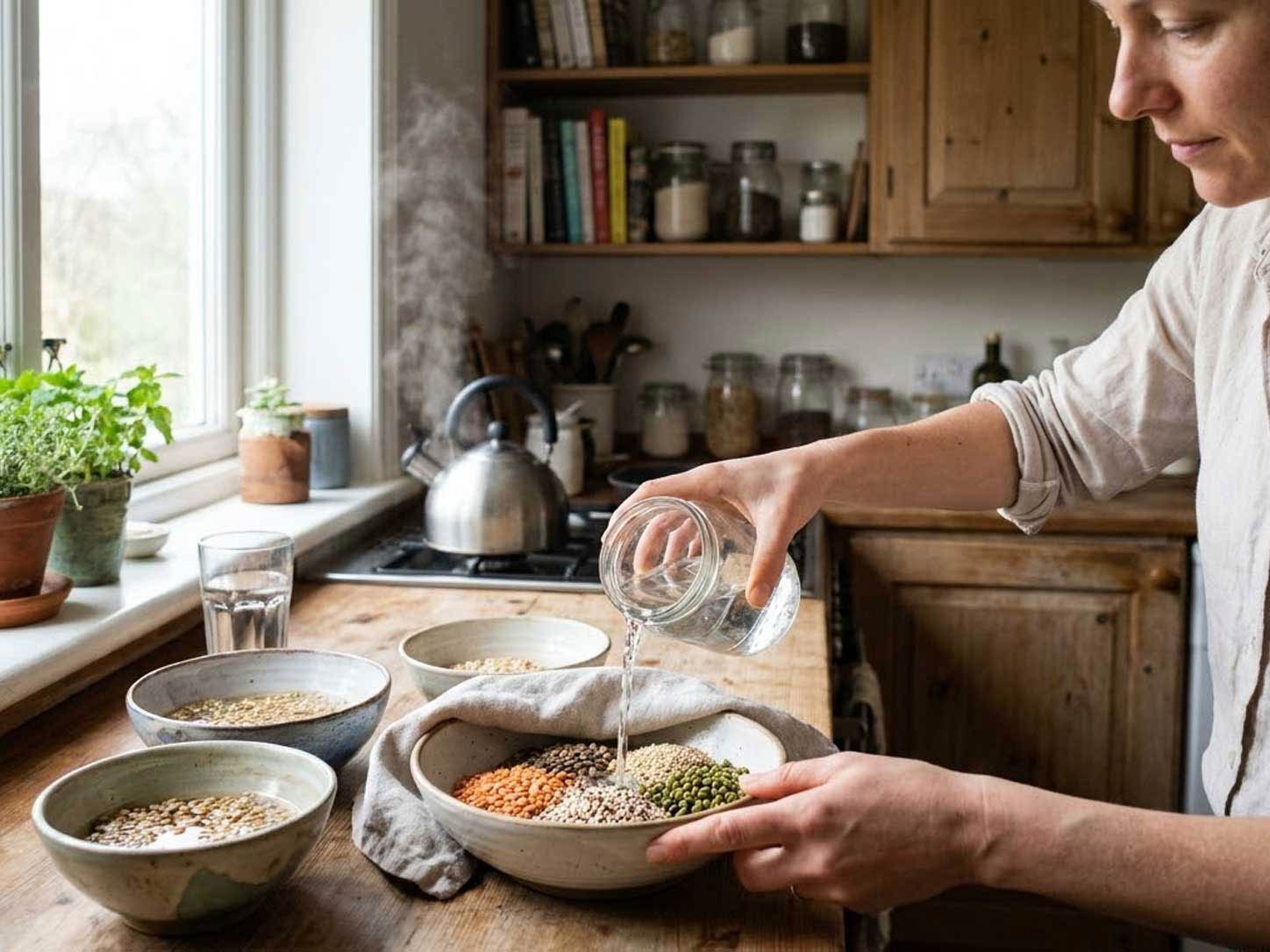 Grains and legumes soaking in bowls