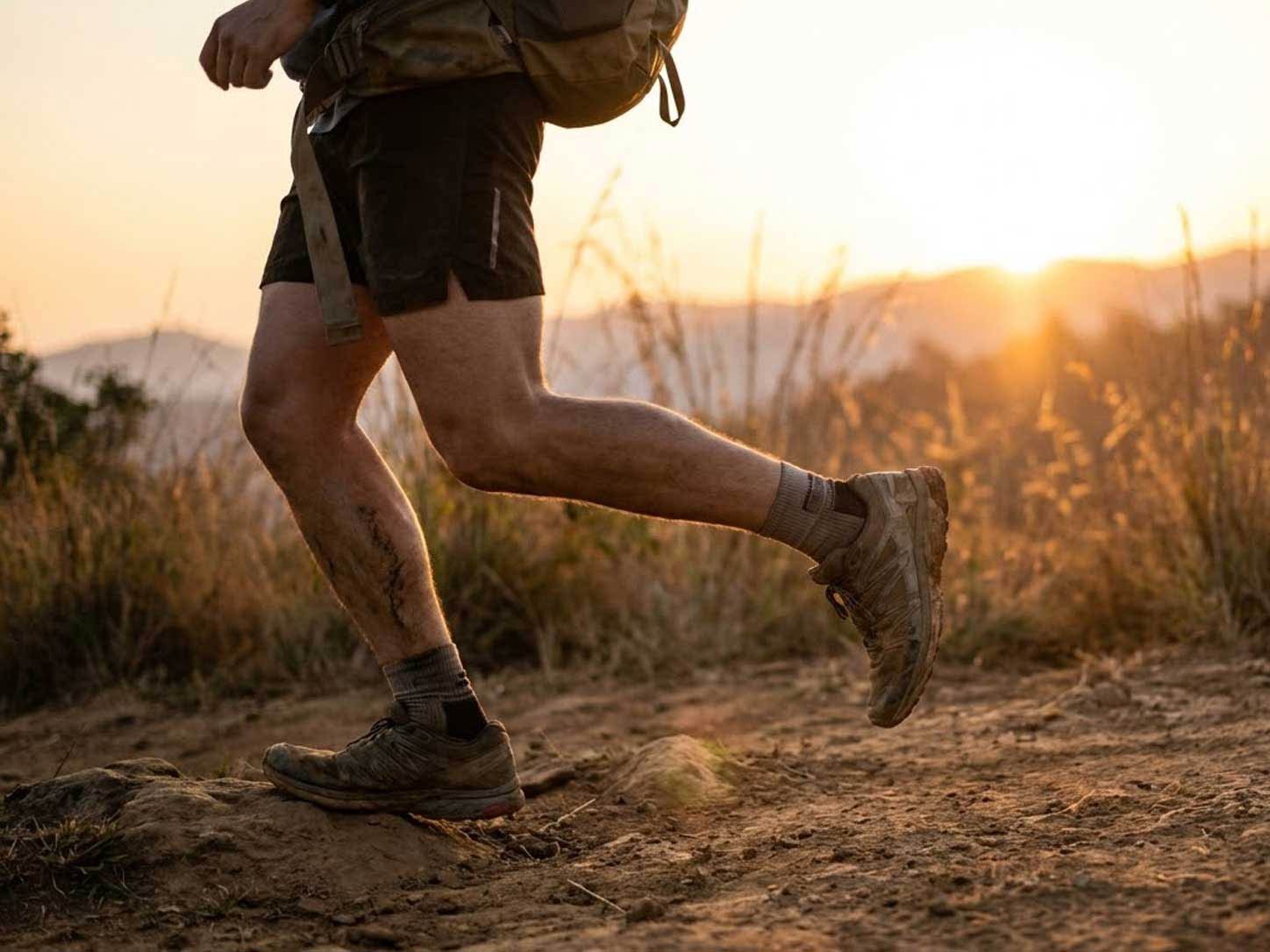 A runner's legs mid-stride at sunrise