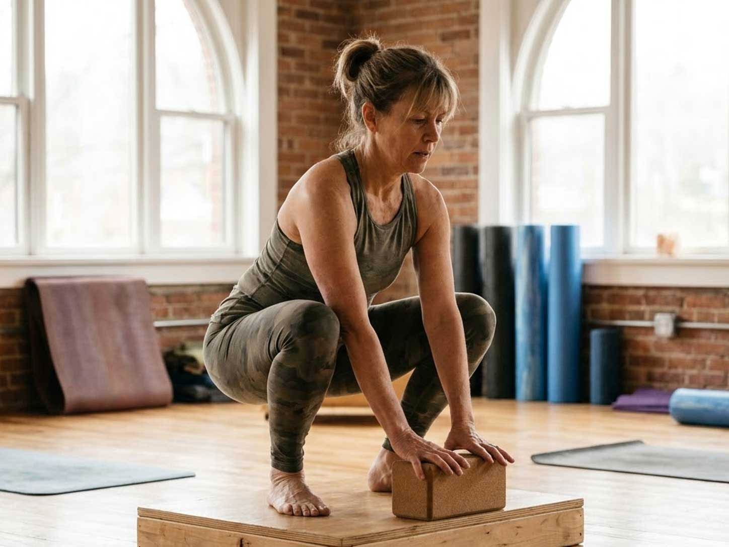A person moving through a full-range squat in daylight
