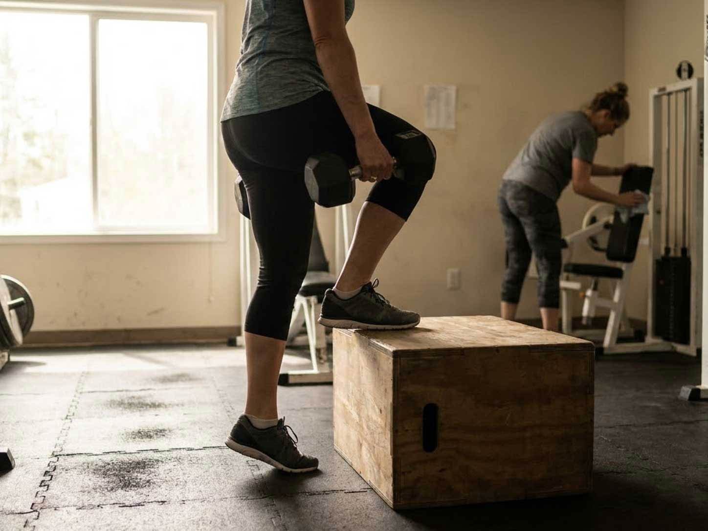 A person doing step-ups or leg press in gym daylight