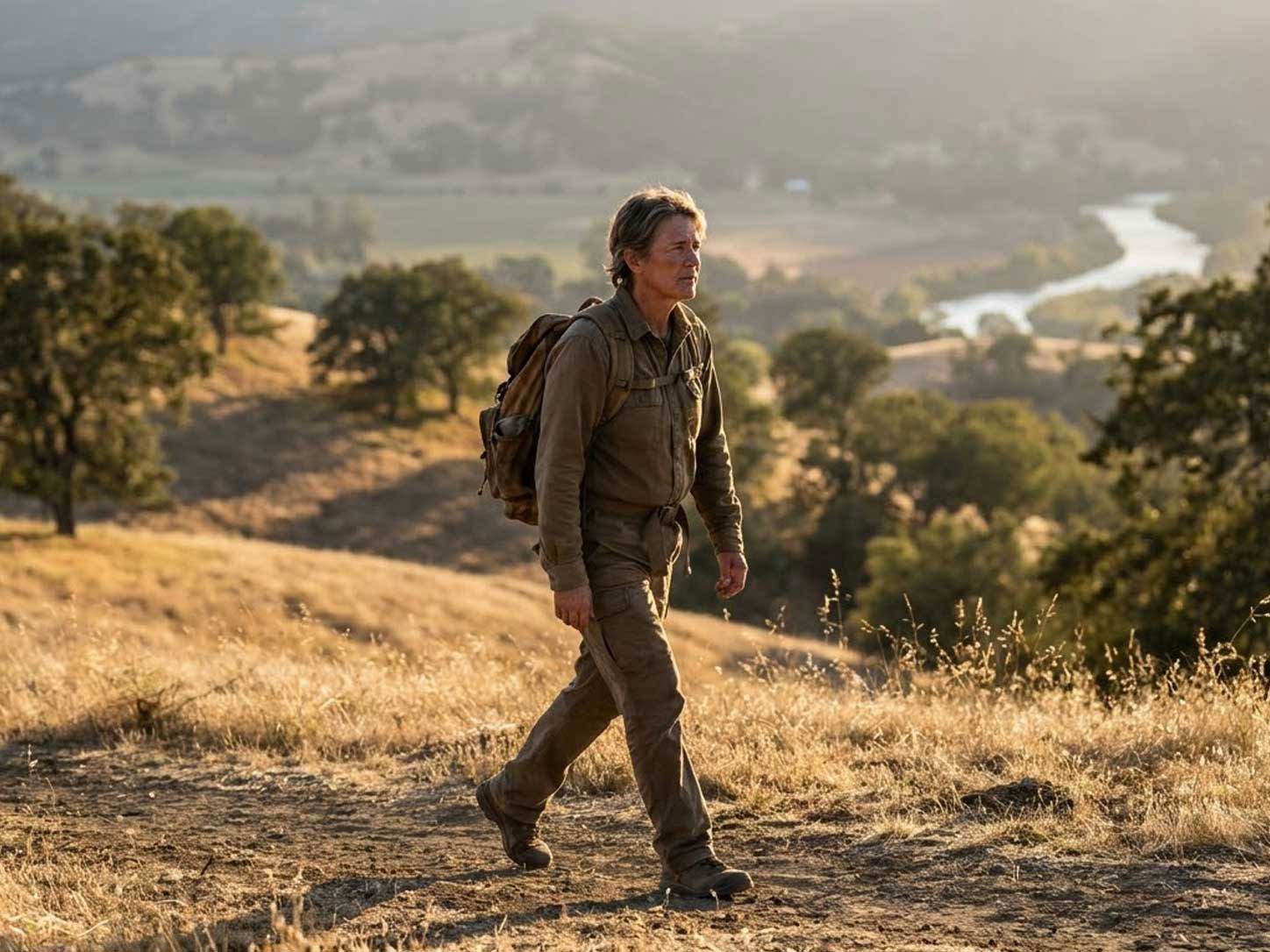 A person walking hills at golden hour