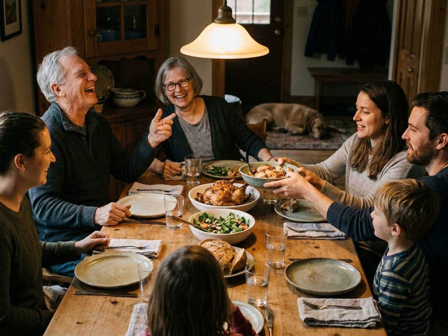 A multi-generational meal, elders laughing