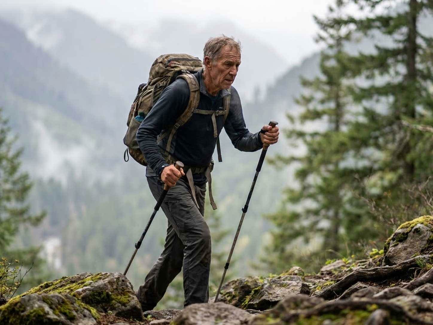 An older person hiking briskly in daylight