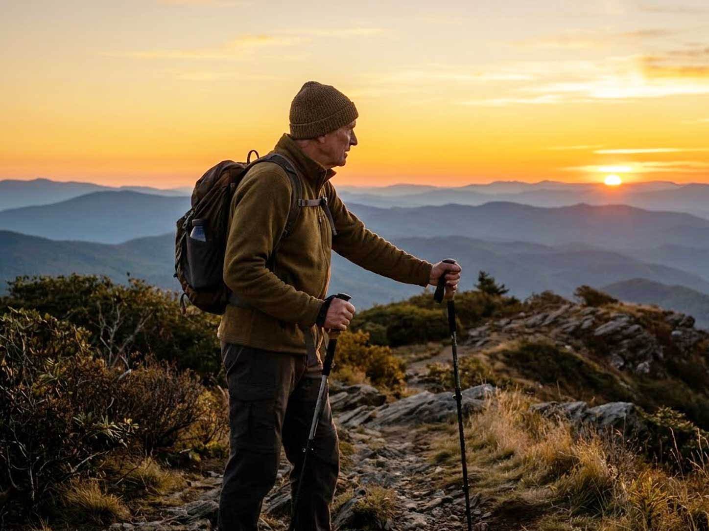 An active older person hiking a ridge at golden hour