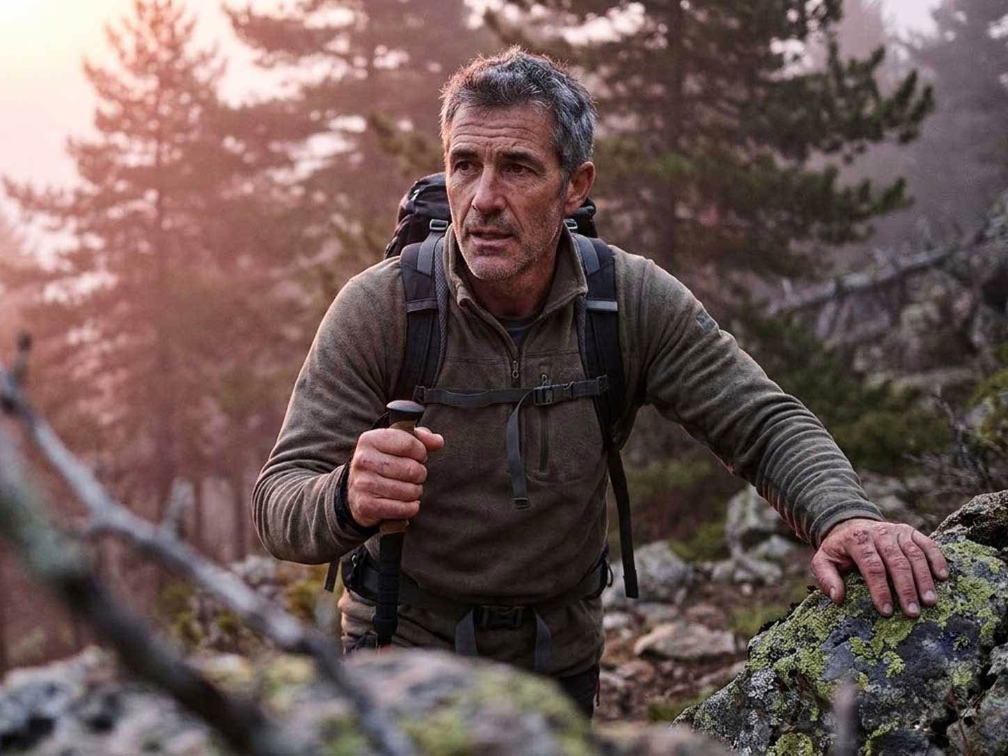 A fit man in his 40s mid-hike at dawn