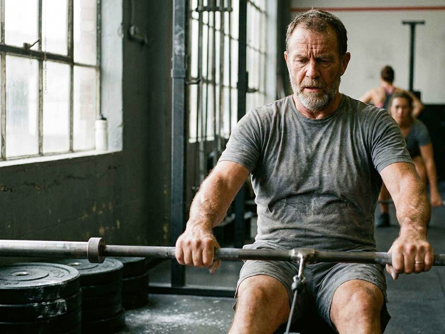 An older man strength training with focus