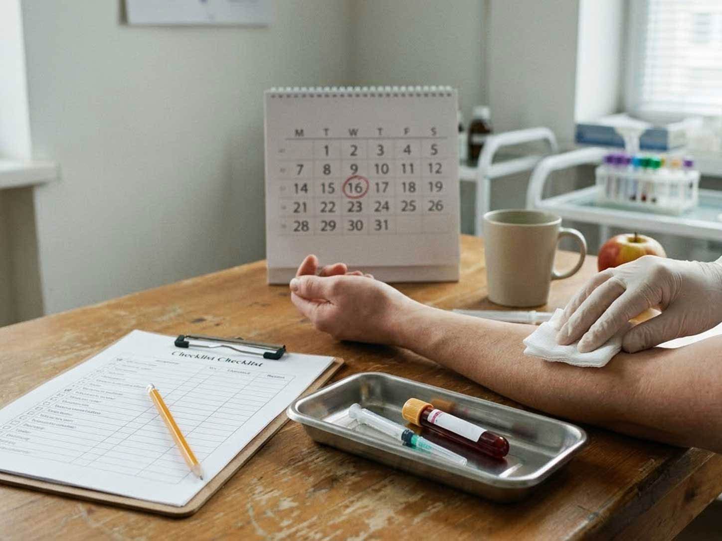 A clinical blood draw, checklist, and calendar