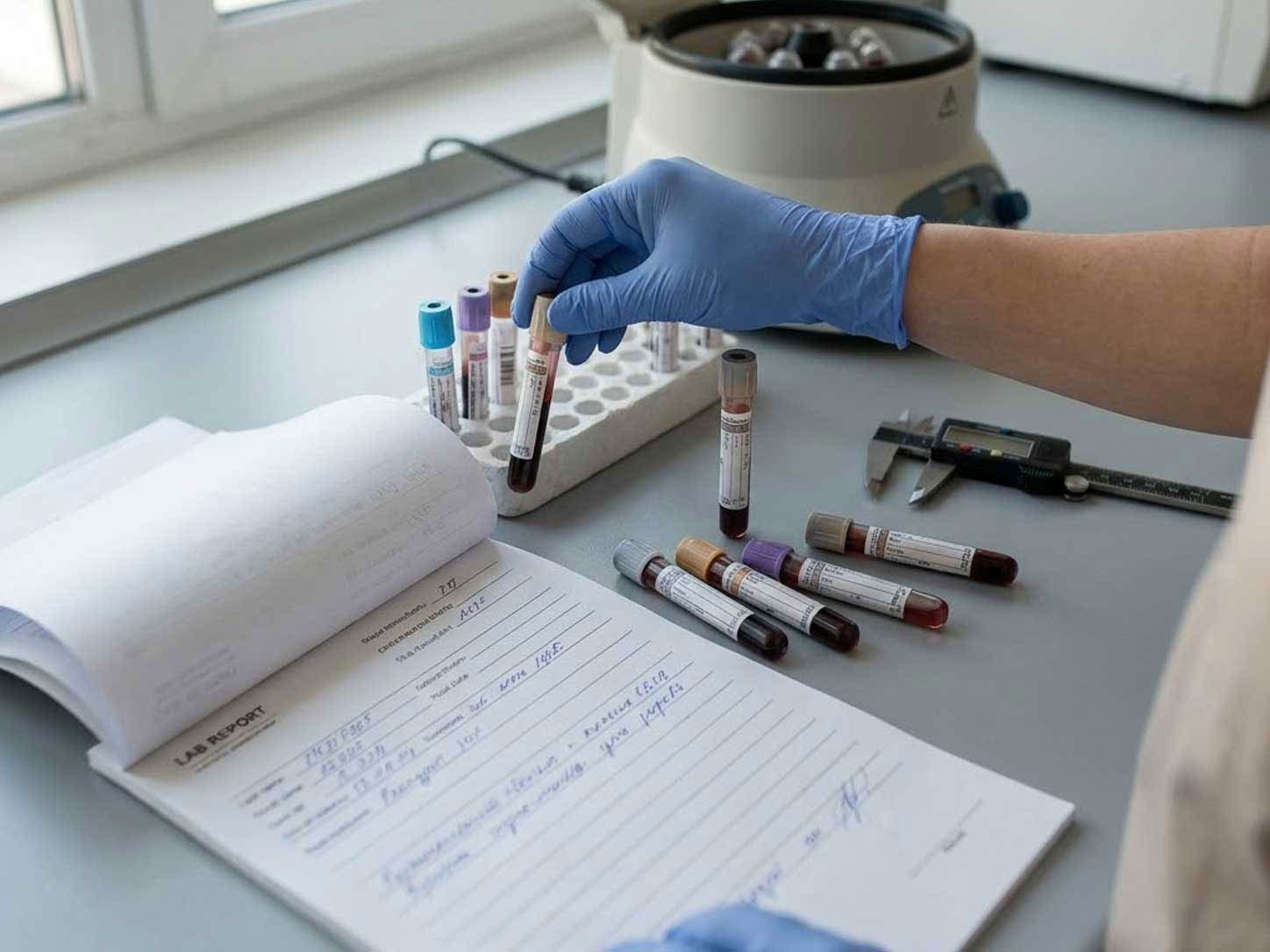 Blood test vials and a lab report