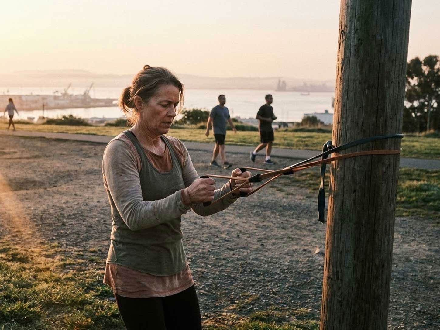 A person strength-training in warm dawn light