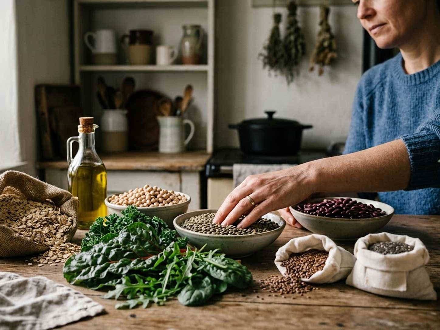 Whole foods — oats, legumes, greens, seeds, olive oil