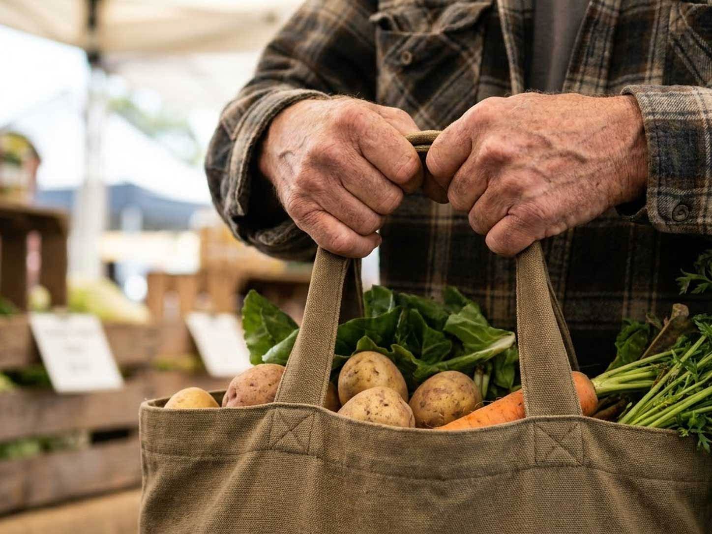 An older person's hands firmly carrying a loaded bag