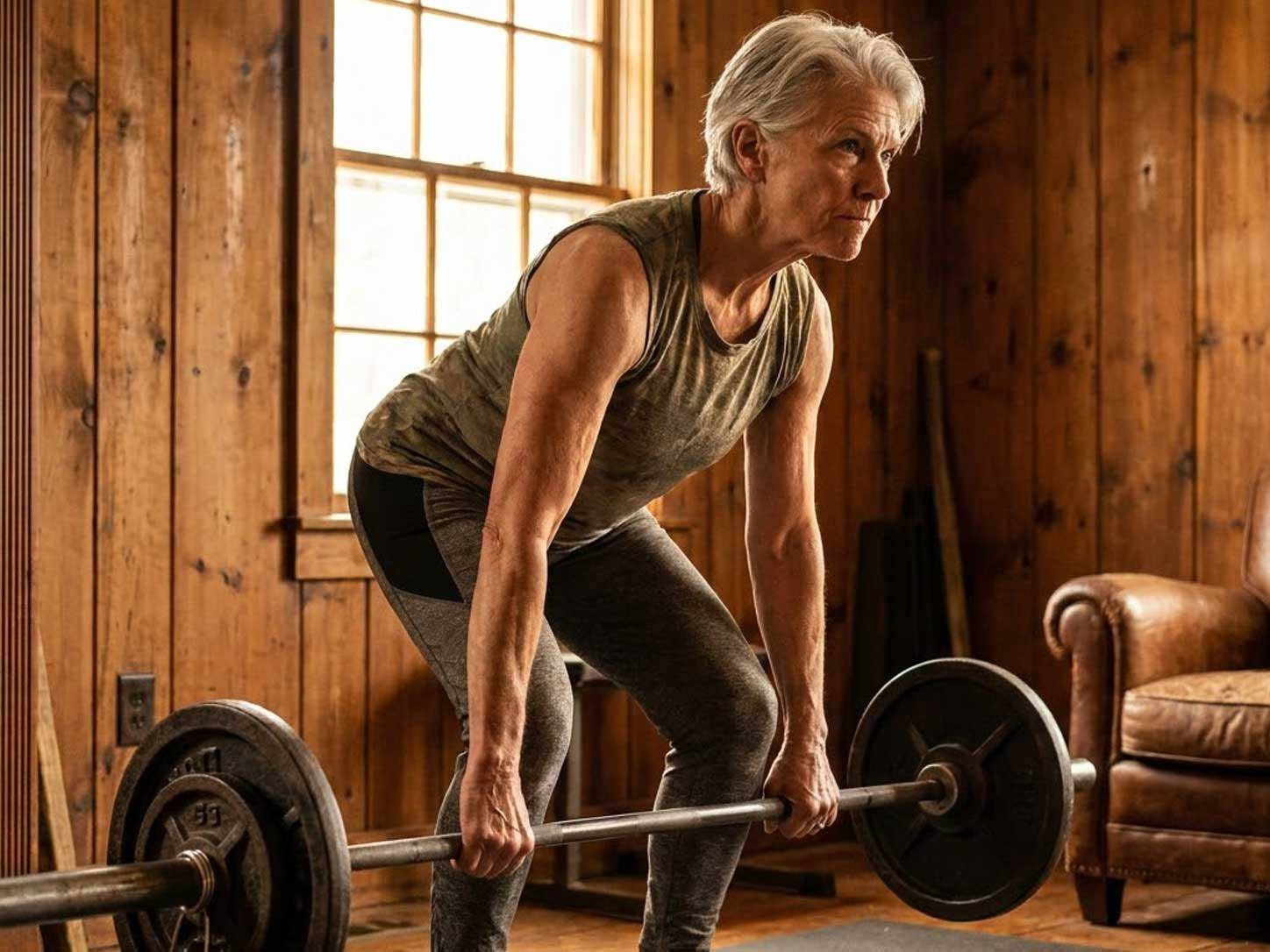 A silver-haired person gripping a barbell mid-lift